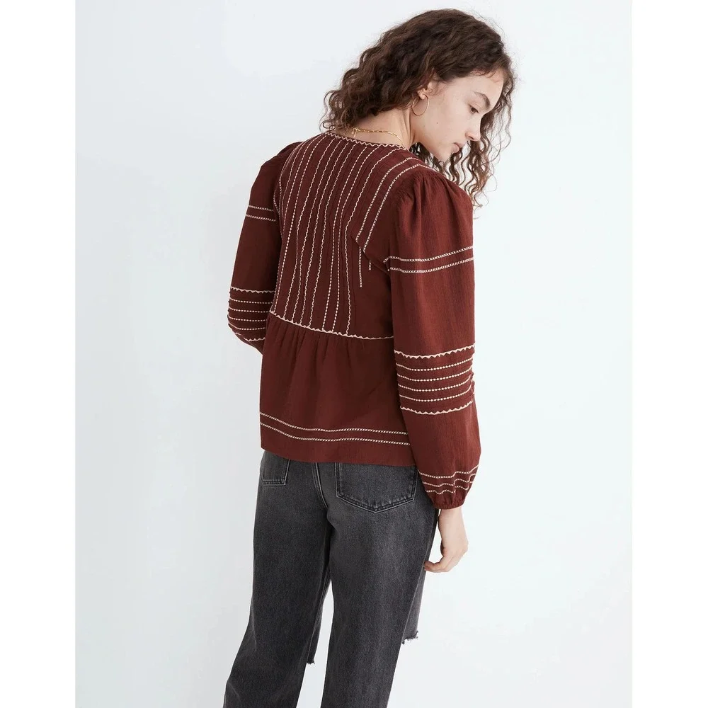 Madewell Embroidered Faux-Wrap Top Women Size S Brown Long Sleeve Peplum